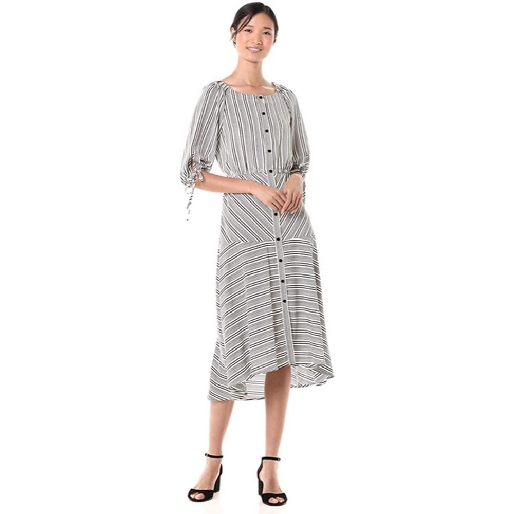 Lane Bryant Striped High-Low Dress Women 28 Black White Button Front Tie Sleeve